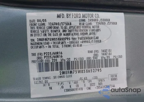 2005 Mercury Grand Marquis Ls/Lse from USA, damaged, VIN 2MEFM75W85X652795